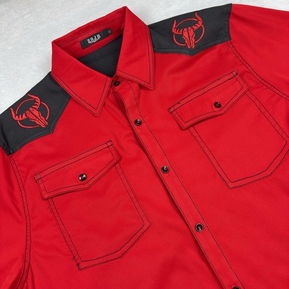ZSJR Other - ZSJR Shirt Mens XL Red Black Western Long Sleeve Button Front Cow Skull Yoke